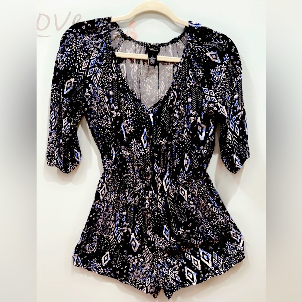 All Over Floral Print Blue and Black Long Sleeve Romper - SMALL